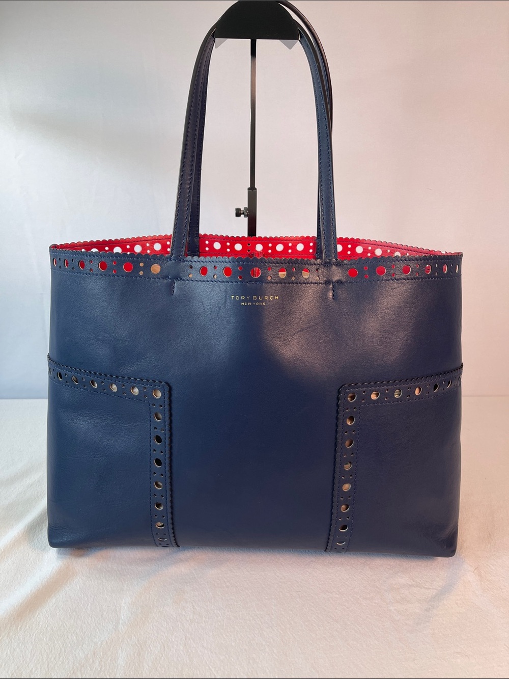 Tory Burch Block T Brogue Leather Tote Navy Blue Red Large Shopper Shoulder Bag